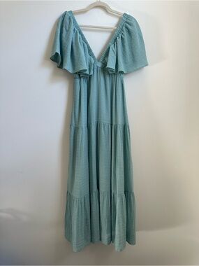 Lalavon Sage Green Tiered Midi Dress Flutter Sleeve Cottagecore Size S